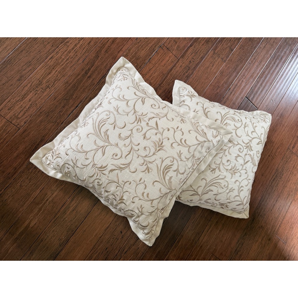 Vintage Croscill Embroidered Scroll Square Throw Pillows Cream Woven 27 x 27